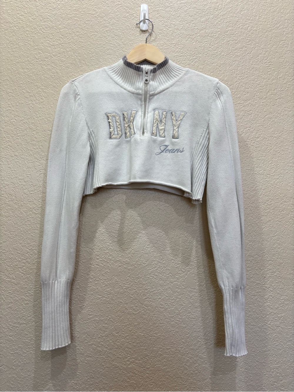 Vintage DKNY Jeans Y2K Cropped Knit Quarter Zip Sweater Cream Grey Medium